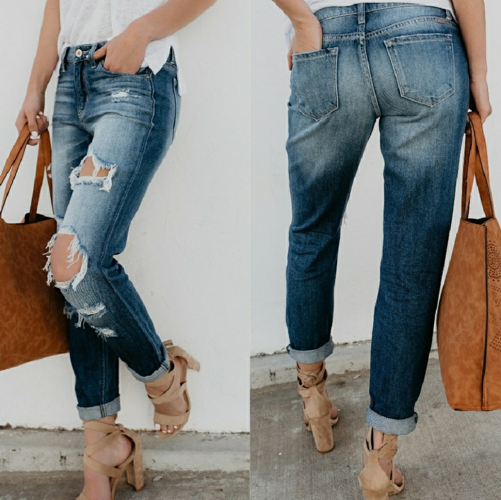 Light Blue Relaxed Boyfriend Distressed Jeans - Picture 5 of 8